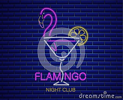 Neon flamingo cocktail sign Vector. Summer exotic banner Vector. Night club poster label. Bright glowing signboards Vector Illustration