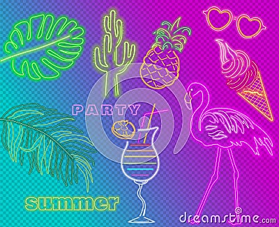 Neon flamingo, cocktails and palm leaves summer tropic banner Vector. Night club poster label. Bright glowing signboards Vector Illustration