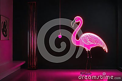 neon flamingo light fixture casting vibrant pink glow in the dark Stock Photo