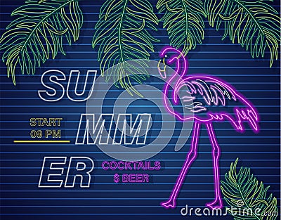 Neon flamingo summer tropic banner Vector. Night club poster label. Bright glowing signboards Vector Illustration