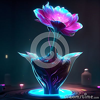 Neon flower in a vase. 3d vector illustration. generative AI Cartoon Illustration