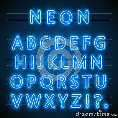 Neon font city. Neon blue font english. City blue font. Alphabet font. Vector illustration Vector Illustration