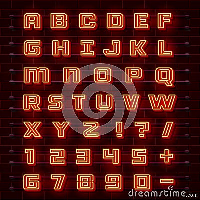 Neon font city. Neon red font english. City alphabet font. Vector illustration Vector Illustration