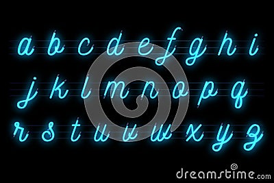 Neon font light blue alphabet letters word text series symbol si Stock Photo