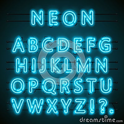 Neon font text. blue english Lamp. Alphabet . Vector illustration Vector Illustration