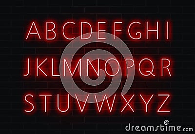 Neon font vector. Light alphabet text sign set. Glowing night font for bar, casino, party. Red wall Vector Illustration