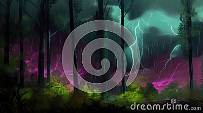 A neon forest in the midst of a thunderstorm, with lightning illuminating the sky and casting dramatic shadows through the trees. Stock Photo