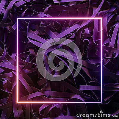 Neon Frame With Pink Light on Ribbon Background. 3D rendering. Empty space. Copy space Stock Photo