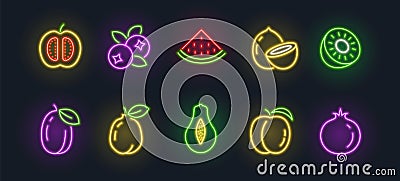 Neon fruit icon lemon peach apple food. Vector neon fruits sign isolated outline berry Vector Illustration