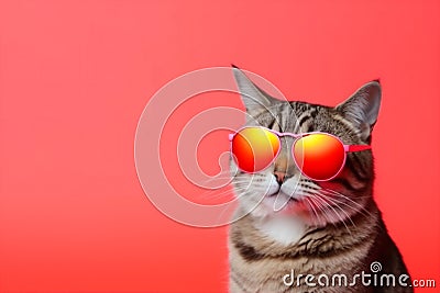 neon funny portrait cute cat pet colourful animal fashion sunglasses. Generative AI. Stock Photo