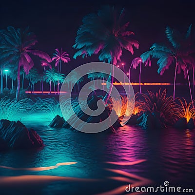 Neon Futuristic Modern Fresh Summer Night Club Beach Sand And Ocean Tropical Palm Plant Podium Stage Dance Party Lights Stock Photo