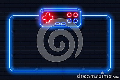 Neon game background. Square shape with joystick, control buttons, controller and copy space. Realistic videogame frame Vector Illustration