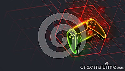 Neon game controller or joystick for game console on dark background. Vector Illustration