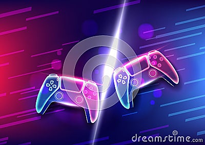 Neon game controllers or joysticks for game console. Vector Illustration