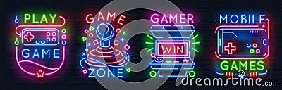 Neon game signs. Retro video games night light icons, gaming club emblems, arcade glowing posters. Vector game Vector Illustration