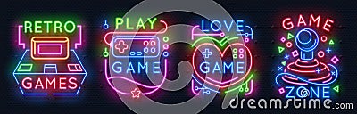 Neon game signs. Retro video games zone, player room glowing emblems, night light labels. Vector glowing gamer icons Vector Illustration