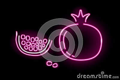 Neon garnet fruit and slice with seeds icons isolated on black background. Summer, health food, fresh juice concept for Vector Illustration