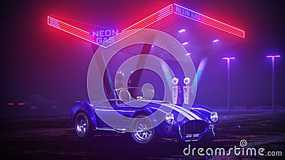 Neon gas station and retro car. Vintage cyberpunk auto. Fog rain and night. Color vibrant reflections on asphalt. 3D illustration Stock Photo