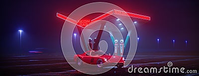 Neon gas station and retro car. Vintage cyberpunk auto. Fog rain and night. Color vibrant reflections on asphalt. 3D illustration Stock Photo