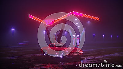 Neon gas station and retro car. Vintage cyberpunk auto. Fog rain and night. Color vibrant reflections on asphalt. 3D illustration Stock Photo