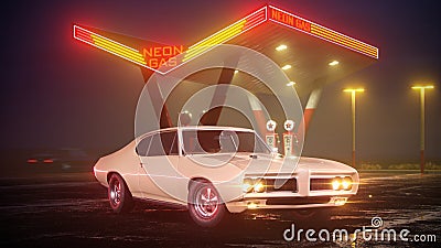 Neon gas station and retro car. Vintage cyberpunk auto. Fog rain and night. Color vibrant reflections on asphalt. 3D illustration Stock Photo