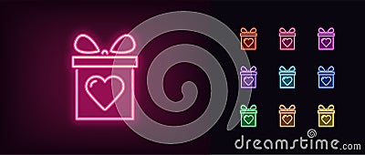 Neon gift box icon. Glowing neon gift sign with heart, present Vector Illustration