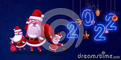 Neon 2022 and Glossy Santa Claus Merry Christmas, New Year Illustration, Icons, Button, Sign, Symbol, Logo for Family Vector Illustration