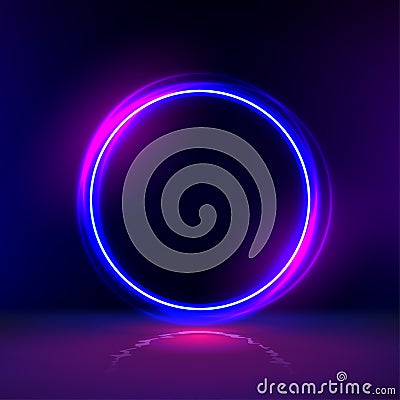 neon gloving ring in dark room. Round light frame for text. Dark abstract furistic background with circle gate. Portal Stock Photo