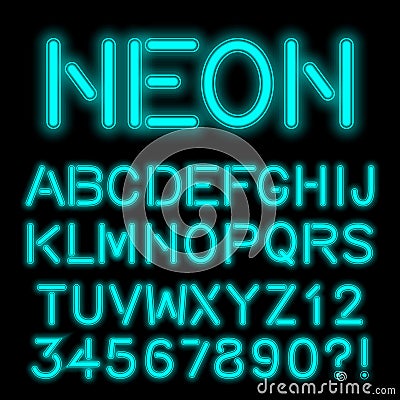 Neon glow alphabet custom handcrafted font. Vector Illustration