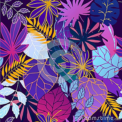 Neon glow fantastic leaves seamless vector pattern in fashion, trend color palette. Glowing fantastic multicolor leaves Vector Illustration