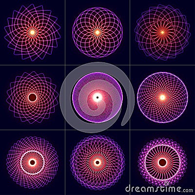 Neon glow symmetry elements set. Sacred Geometry. Circle of balance and harmony. Abstract psychedelic vector background. Vector Illustration