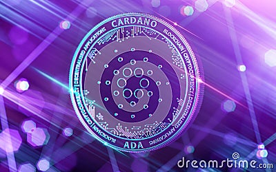 Neon glowing Cardano ADA in Ultra Violet colors with cryptocurrency blockchain nodes in blurry background. 3D rendering Editorial Stock Photo