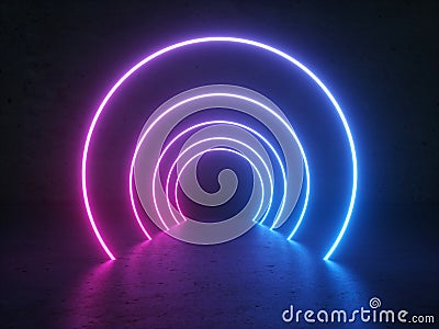 Neon Glowing Circle Round Shape Tubes On Reflection Concrete Floor Stock Photo