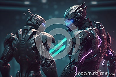 Neon Glowing Cyborgs in a Futuristic Battle Scene with Ruins and Destruction Stock Photo