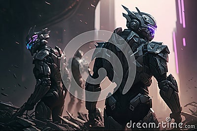 Neon Glowing Cyborgs in a Futuristic Battle Scene with Ruins and Destruction Stock Photo