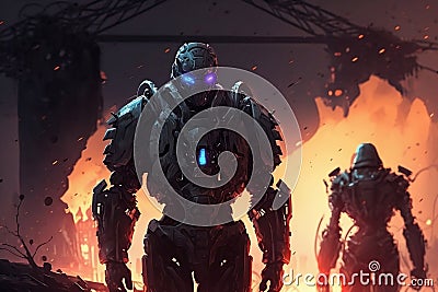 Neon Glowing Cyborgs in a Futuristic Battle Scene with Ruins and Destruction Stock Photo