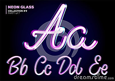 Neon Glowing 3D Typeset. Font Set of Glass Letters. Vector Illustration