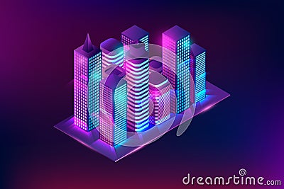 Neon glowing isometric city. Perspective buildings with violet and blue glow, modern skyscrapers isometric illustration. Vector Illustration