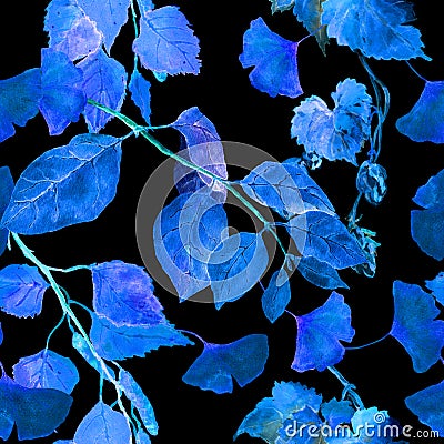 Neon glowing leaves. Night mysterious seamless pattern. Watercolor Stock Photo