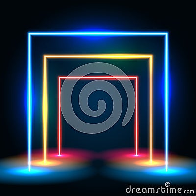 Neon glowing lines tunnel abstract background. Square portal concept. Vector Illustration