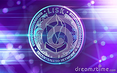 Neon glowing Lisk LSK coin in Ultra Violet colors with cryptocurrency blockchain nodes in blurry background. 3D rendering Stock Photo