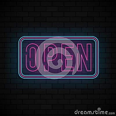 Neon glowing OPEN pointer on dark brick background. Colorful and shining retro light sign. Vector Vector Illustration
