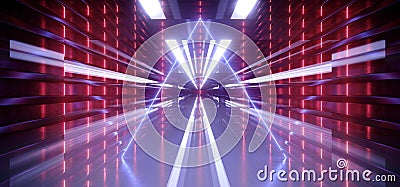 Neon Glowing Reflective Triangle Empty TUnnel Corridor Synthwave Background Purple Red Blue Electric Laser Beams Alien Spaceship Stock Photo