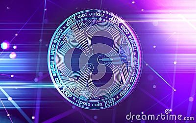 Neon glowing Ripple XRP coin in Ultra Violet colors with cryptocurrency blockchain nodes in blurry background. 3D rendering Editorial Stock Photo