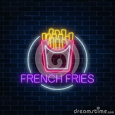 Neon glowing sign of burger in circle frame on a dark brick wall background. Fastfood light billboard symbol. Vector Illustration