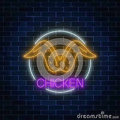 Neon glowing sign of chicken wings in circle frame on a dark brick wall background. Fastfood light billboard symbol. Vector Illustration