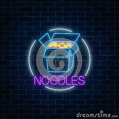 Neon glowing sign of chinese noodle in circle frame on a dark brick wall background. Cafe menu item. Vector Illustration