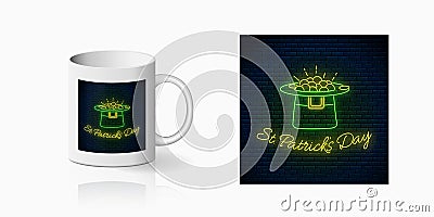 Neon glowing sign of St. Patricks Day with leprechaun hat, gold print for cup design. Happy Patrick day greeting design Vector Illustration