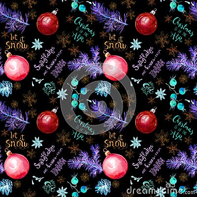 Neon glowing spruce tree branches, baubles, snowflakes and quotes about snow and Christmas. Seamless pattern on black Stock Photo