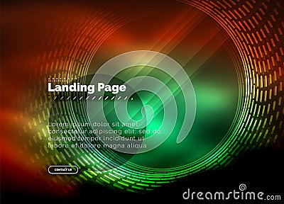 Neon glowing techno lines, hi-tech futuristic abstract background template with circles, landing page template Vector Illustration